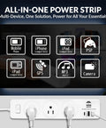 Go-To 5.9 Foot Power Strip with 2 USB Ports and USB Type C Plug, 10A, Pack of 2 displaying compatible devices.