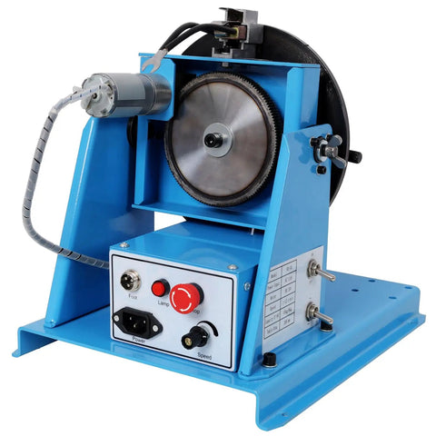 Heavy Duty Rotary Welding Positioner With Sturdy Three Jaw Chuck and Smooth Zero To Ninety Degree Tilt For No Sweat Seam Welding Runs with motor and control panel.