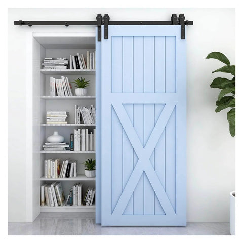 Barn Door Hardware Kit For Double Sliding Doors With Bypass Track System, Bent Hanger Rollers, Quiet Smooth Operation, 7 Foot Rail, Heavy Duty Carbon Steel Rollers That Support Up To 220 Kg, Anti Jump Block And Floor Guide Included installed on blue barn door