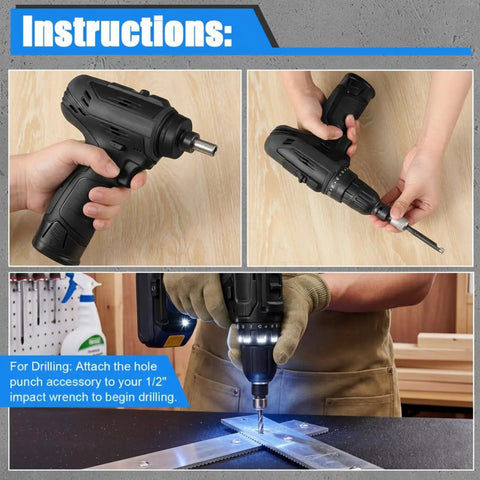 Ultimate Power Hole Punch Tool For Heavy Duty Belt Fastener With 1/2 Inch Drive being attached to an impact wrench for drilling.