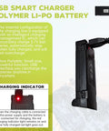USB smart charger for 3 Pack 3 Point 7 Volt 1000mAh LiPo Battery with charging indicator and description text.