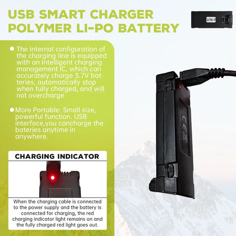 USB smart charger for 3 Pack 3 Point 7 Volt 1000mAh LiPo Battery with charging indicator and description text.