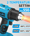 Cordless Heat Gun Kit With 1022 Degrees Fahrenheit Hot Air, Two 4.0Ah Batteries, Five Nozzles; blue tool displaying temperature settings