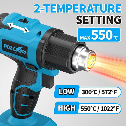 Cordless Heat Gun Kit With 1022 Degrees Fahrenheit Hot Air, Two 4.0Ah Batteries, Five Nozzles; blue tool displaying temperature settings