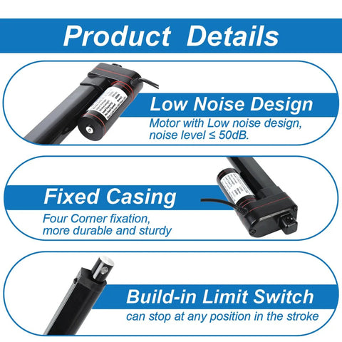 Electric linear actuator with mounting brackets; 10-inch stroke, 12V DC, 400N, IP65, front and side views
