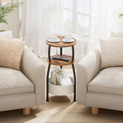 3 Tier Round Side Table With Storage Basket 24 Inch Tall Rustic Brown Space Saving End Table For Tight Spaces Sofa Side Table Or Nightstand Dorm Organizer Patio Drink Table For Living Room And Bedroom between sofas