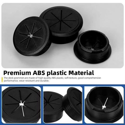 Slick Two Inch Desk Cable Grommets With Rapid Hole Saw And Fifteen Nylon Strap Ties For No Brainer Wire Routing And Tight Cord Setup On Your Modern Office Or Home Desktop Pack Of Ten, black ABS plastic grommets.