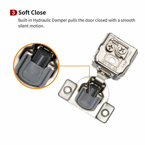 Soft close feature of 20 Pack One And A Quarter Inch Overlay 3D Soft Close Concealed Hinges For Face Frame Kitchen Cabinets