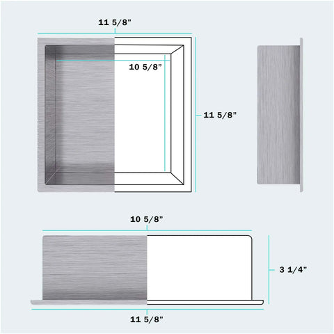 Diagram of 12 By 12 Inch Shower Niche In Brushed Nickel Stainless Steel, Built To Last And Ready For Inwall Shelf Installation