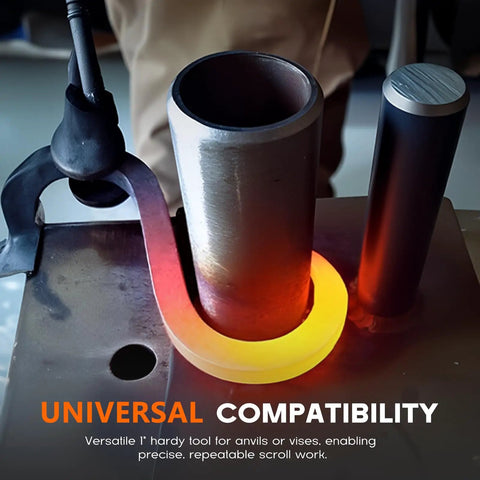 1 Inch Hardy Tool for anvil turning, bending, forge scrolling and twisting jig in universal 3/4 inch hole fit demonstration.