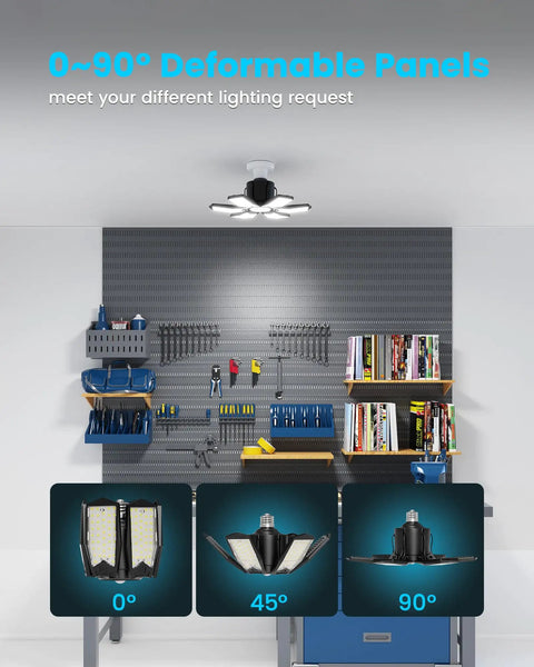 Motion Sensor Garage Light With Remote And Dual Wall Switch, 200W 20000LM Deformable LED, 0-90 degree panel angles in workshop