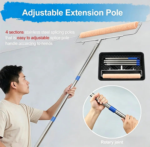 Adjustable extension pole with 4 sections and paint roller attached, ideal for No Nonsense Heavy Duty Textured Paint Rollers For Walls With Medium Nap Polyester And Lightning Fast Paint Flow Coupled To Lightweight Extension Pole Plus Solid Painter Brush Set Total DIY Home Refresh Essential.