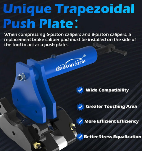 Beefy Pro Grade Multi Piston Brake Caliper Compression Tool with trapezoidal push plate for cars and trucks, side view.