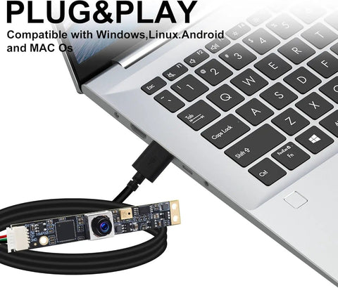 Dope 16MP USB Camera with autofocus and mic connected to a laptop, ideal for Windows, Linux, Nvidia Jetson, OpenCV use.