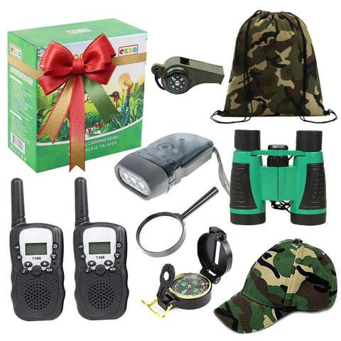 Outdoor Adventure Kit For Kids With Real Walkie Talkies, Binoculars, Flashlight, Compass, Magnifier, Whistle, Camouflage Hat And Backpack