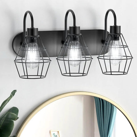 Retro Industrial Bathroom Vanity Light With Cage Shades 3 Light Matte Black Wall Sconce installed above mirror