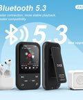 128GB Clip MP3 Player With Bluetooth 5.3, FM Radio, Voice Recorder, E-Book Reader, and Workout Ready Portable Music Player for Running and Fitness, Supports Up To 512GB, Earphones Included, Great For On The Go with earphones and speaker on blue background.