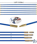 11Ft Fiberglass Duct Rodder Kit showing blue rods with brass connectors and a measuring detail for wire and cable pulling
