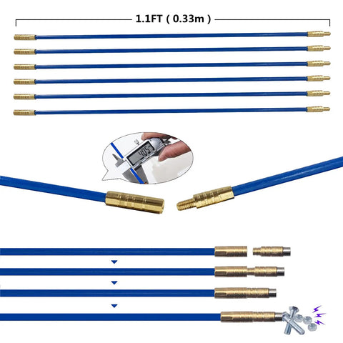 11Ft Fiberglass Duct Rodder Kit showing blue rods with brass connectors and a measuring detail for wire and cable pulling