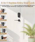 Rock Solid 5 In 1 Smart Deadbolt With Handle Fingerprint Scanner And Keypad Keyless Entry Door Lock Wifi App Remote Access No Sweat Auto Lock And Privacy Mode Matte Black displayed on a door with remote access features.