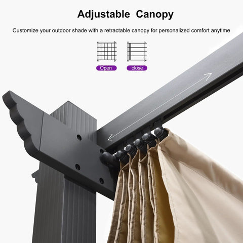 Close-up of adjustable canopy system on a 10 Ft By 13 Ft Outdoor Retractable Pergola With Sun Shade Canopy For Patio Garden Porch Beach Pavilion Grill Gazebo Beige, Durable Polyester Canopy UV Resistant And Water Repellent, Powder Coated Aluminum Frame, Easy Assembly And Adjustable Shade.