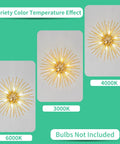 Six-Light Gold Firework Flush Mount Ceiling Light Fixture with G9 Socket showing various color temperatures 6000K, 3000K, 4000K