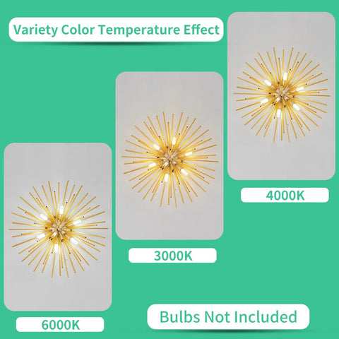 Six-Light Gold Firework Flush Mount Ceiling Light Fixture with G9 Socket showing various color temperatures 6000K, 3000K, 4000K