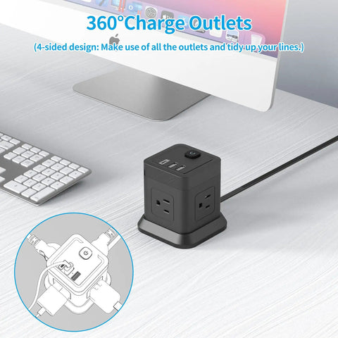 Desk setup with Flat Plug Power Strip With USB Ports, 4 AC Outlets And 3 USB Chargers, 5 Ft Extension Cord in black under a monitor.