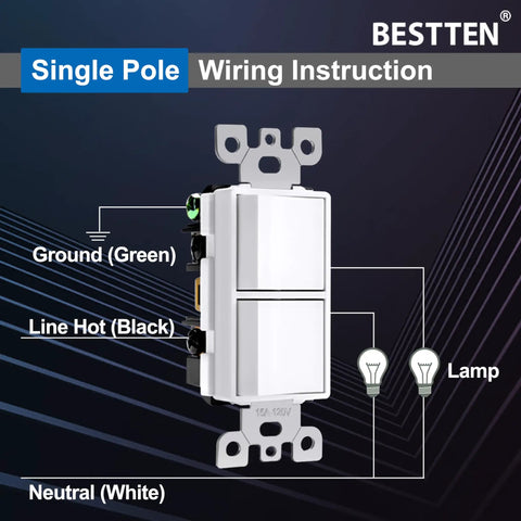 10 Pack Dual Rocker Light Switches Decorator Style 15A 120V Single Pole Dual Switch With Screwless Wallplate Included wiring guide