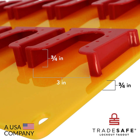 Close-up of Wall Mount Lockout Tagout Board With 10 Impact Resistant Acrylic Holders, showing dimensions and tags slots.