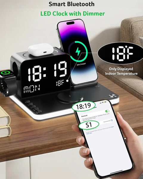 Seven In One Wireless Charging Station For Apple Devices All In One Stand With 30W Fast Charge Powers iPhone 12 13 14 15 16 17 Pro Max, Apple Watch, AirPods and Bluetooth TimeSyn on a wooden desk with LED clock display.