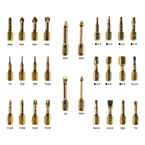 Durable bits of the 30 In 1 T Type Ratcheting Screwdriver Set With Magnetic Driver Kit displayed in rows