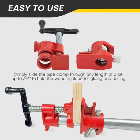 Built Tough Heavy Duty 3/4 Inch Pipe Clamps For Woodworking, Tough As Nails Cast Iron Gluing Bars with Quick Twist Knobs in use.