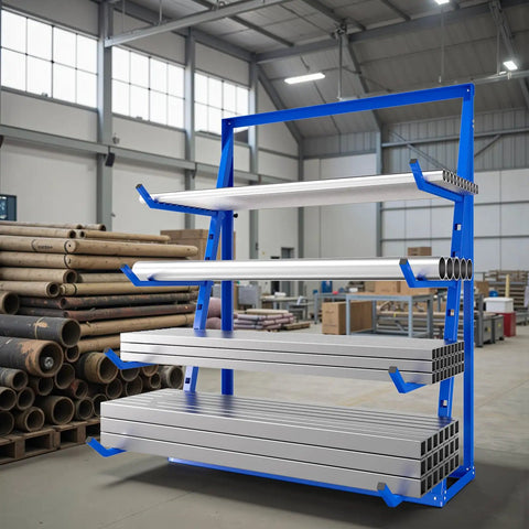 Four Tier Heavy Duty Lumber Storage Rack Made From Thick Alloy Steel For Sheds And Garages Holds 4000 LBS, organized in a workshop.