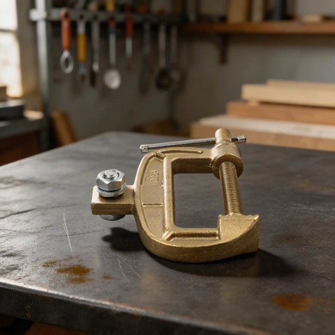 Top Tier 1000 Amp Brass Welding Earth Clamp With C Type Screw Design for Heavy Duty Shipyard Jobs And Steel Structure Projects That Won't Overheat Or Fail On Intense Work Days on a workbench.