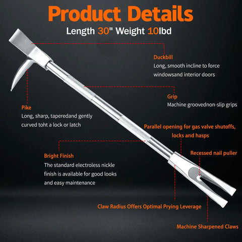 30 Inch Halligan Bar For Fire Rescue And Forcible Entry Beefy Forged Steel Tool With Precision Geometry Rapid Entry Breach Gear with labeled parts