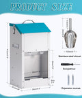 Top Notch Galvanized Gravity Auto Dog Feeder With 15 Lb Size dimensions showing stainless steel shovel and tools for assembly.