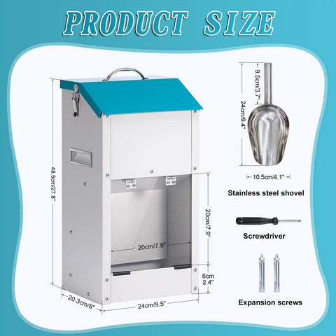 Top Notch Galvanized Gravity Auto Dog Feeder With 15 Lb Size dimensions showing stainless steel shovel and tools for assembly.