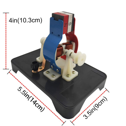 Hands On DIY Electric Motor Kit For STEM Labs and School Projects showing DC motor model on black base, dimensions labeled