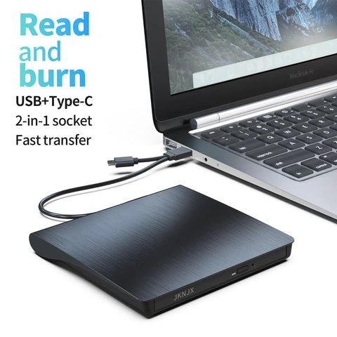 Two In One External CD DVD Drive With USB 3.0 And Type C Disc Reader Burner Player For Laptops And Desktops, Plug and Play No Extra Power Required, Wide Compatibility With USB A And USB C. Black external CD/DVD drive connected to laptop with USB-C cable