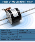 D1092 RV Air Condenser Blower Motor With Capacitor Replacement for Fasco D1092, dual shaft, voltage and specifications visible