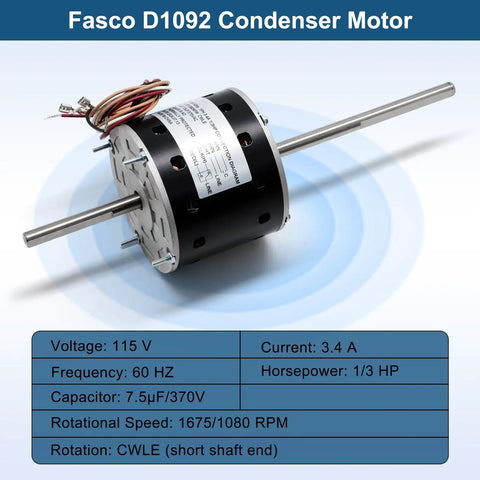 D1092 RV Air Condenser Blower Motor With Capacitor Replacement for Fasco D1092, dual shaft, voltage and specifications visible