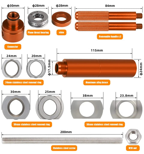 Pro Grade Bike Bottom Bracket Install And Removal Tool Kit with aluminum brace, removable handles, and stainless rings visible.