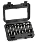 Knockout Forstner Bit Set Featuring Eight Heavy Duty Wood Drill Bits That Make Flawless Flat Bottom Hole Cutting A Dead Easy Job For Woodworkers And Shop Buffs in a black plastic case with precision storage.