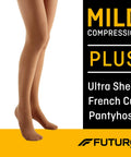 Image of legs wearing Ultra Sheer Pantyhose For Women Plus Size With Mild 8 To 15 MmHg Compression To Boost Circulation And Relieve Tired Legs All Day Comfort Stay Comfy Reinforced Toe And Heel With Run Guard by Futuro