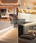 Living room, kitchen, staircase, and bedroom lit by 26Ft Dimmable 24V LED Strip Lights With Remote Tunable White 3000K-6500K Flexible 2835 Tape Rope Lighting For Kitchen Under Cabinet Bedroom Mirror Indoor Home Mood Lighting Daylight To Warm White