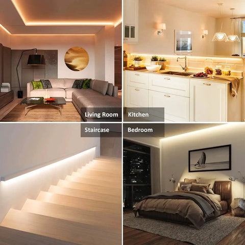 Living room, kitchen, staircase, and bedroom lit by 26Ft Dimmable 24V LED Strip Lights With Remote Tunable White 3000K-6500K Flexible 2835 Tape Rope Lighting For Kitchen Under Cabinet Bedroom Mirror Indoor Home Mood Lighting Daylight To Warm White