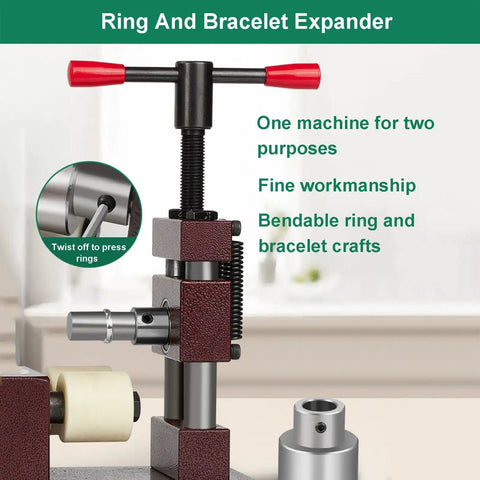 Adjustable Ring And Bracelet Bender Machine With Stainless Steel Rolling Mill For Crafting Spoon Rings And Custom Jewelry Gear, showcasing bending mechanism and parts.