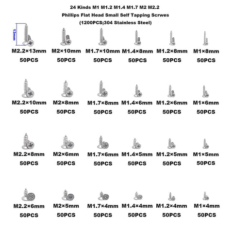 Massive 1200 Pieces 304 Stainless Steel Phillips Flat Head Self Tapping Screws Assortment Kit with 24 Sizes overview.