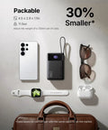 Hella Compact 20000mAh Power Bank With 45W Fast Charging, sleek design next to a phone and sunglasses, showing portability.